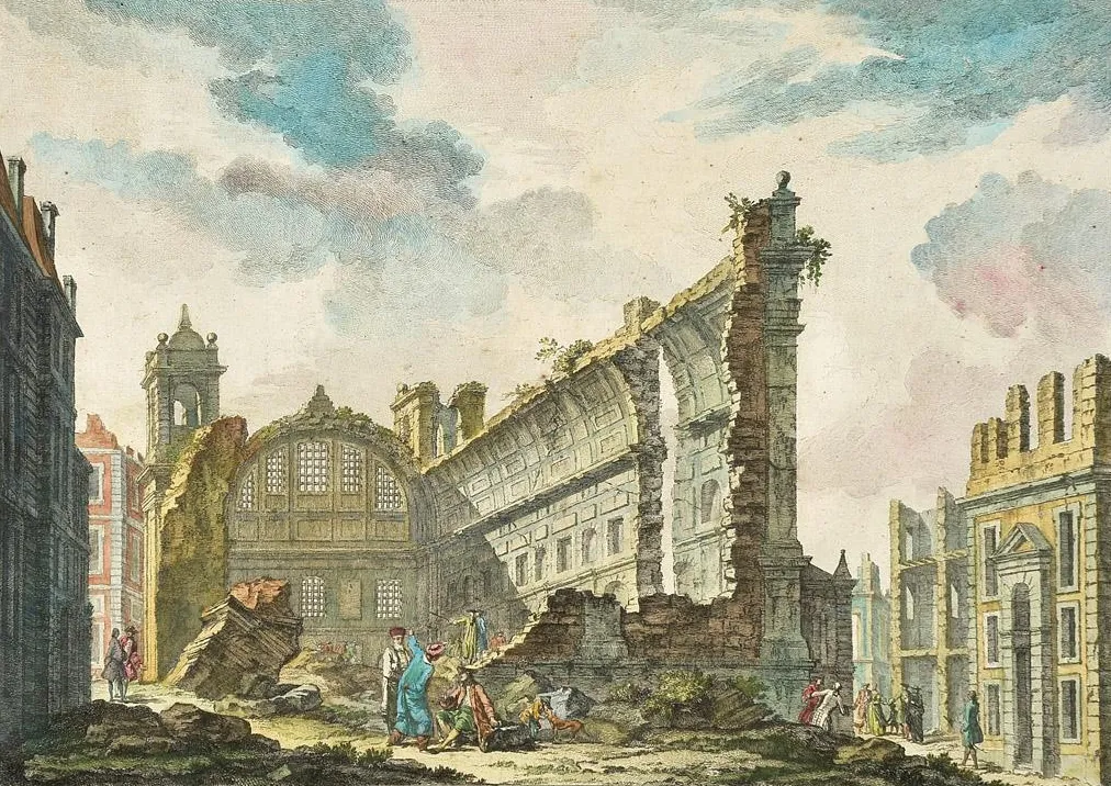 1757 print depicting the ruined Church of Saint Nicholas in Lisbon.