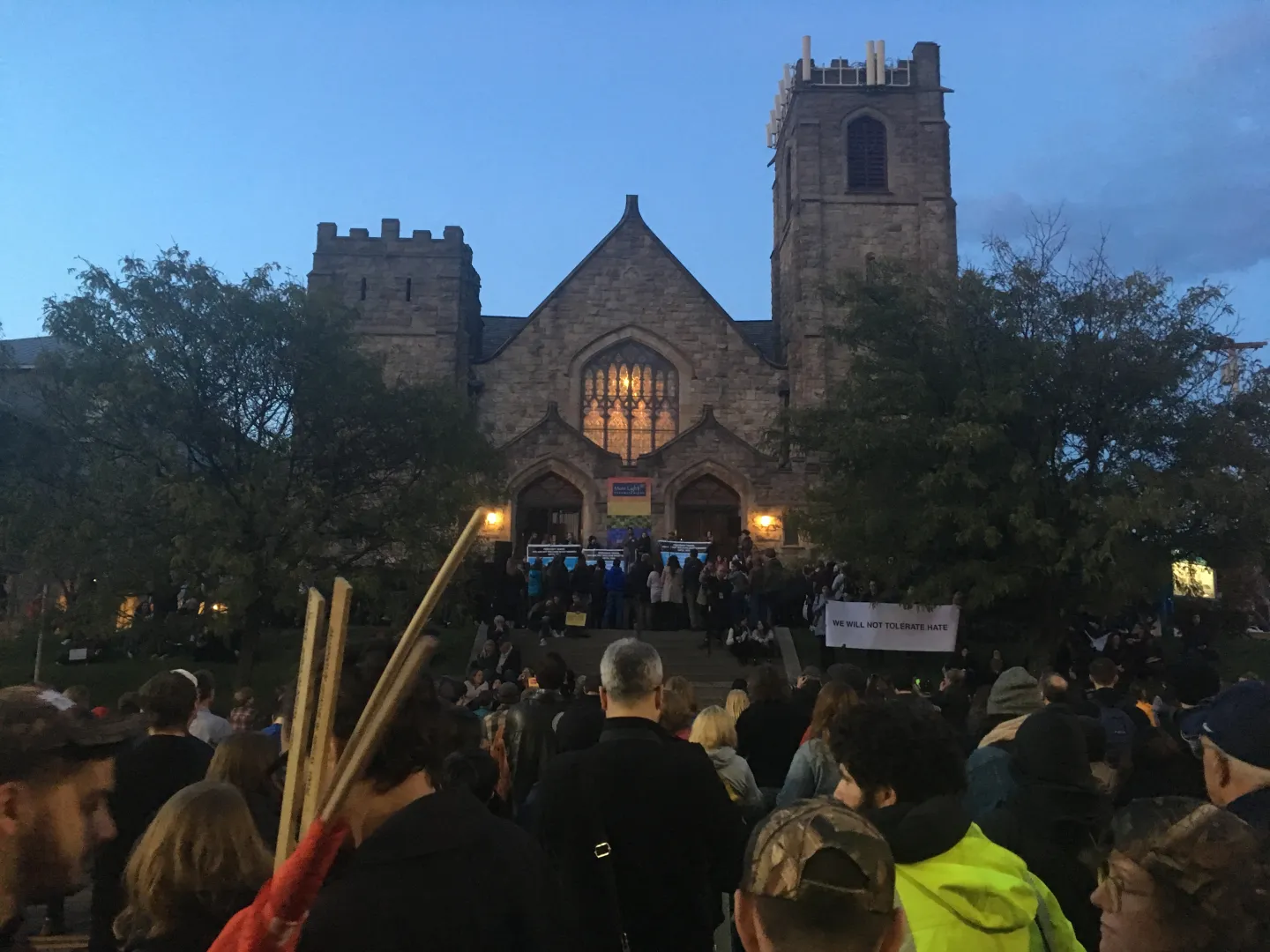 People gathering outside the Sixth Presbyterian Church in Pittsburgh to support the Jewish community in October 2018.
