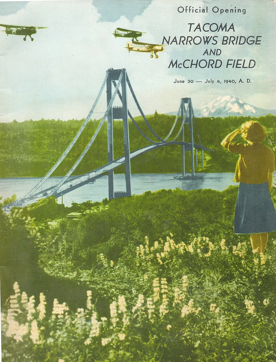 An illustrated program cover shows the bridge, aircraft and Mount Rainier above a green landscape.