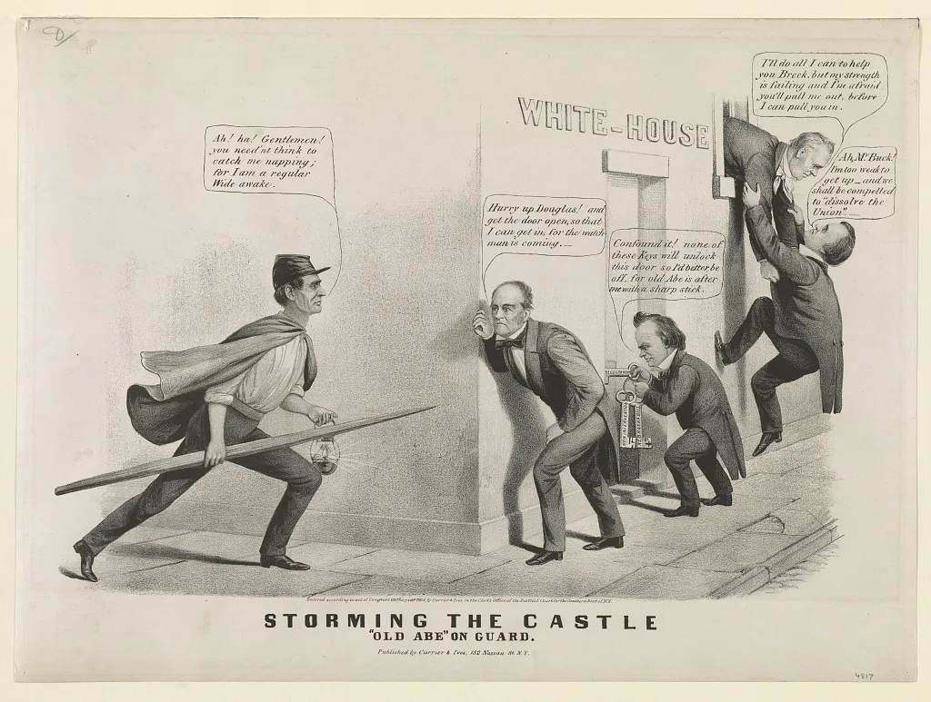 Political cartoon showing Lincoln guarding the White House while rival candidates attempt to enter.