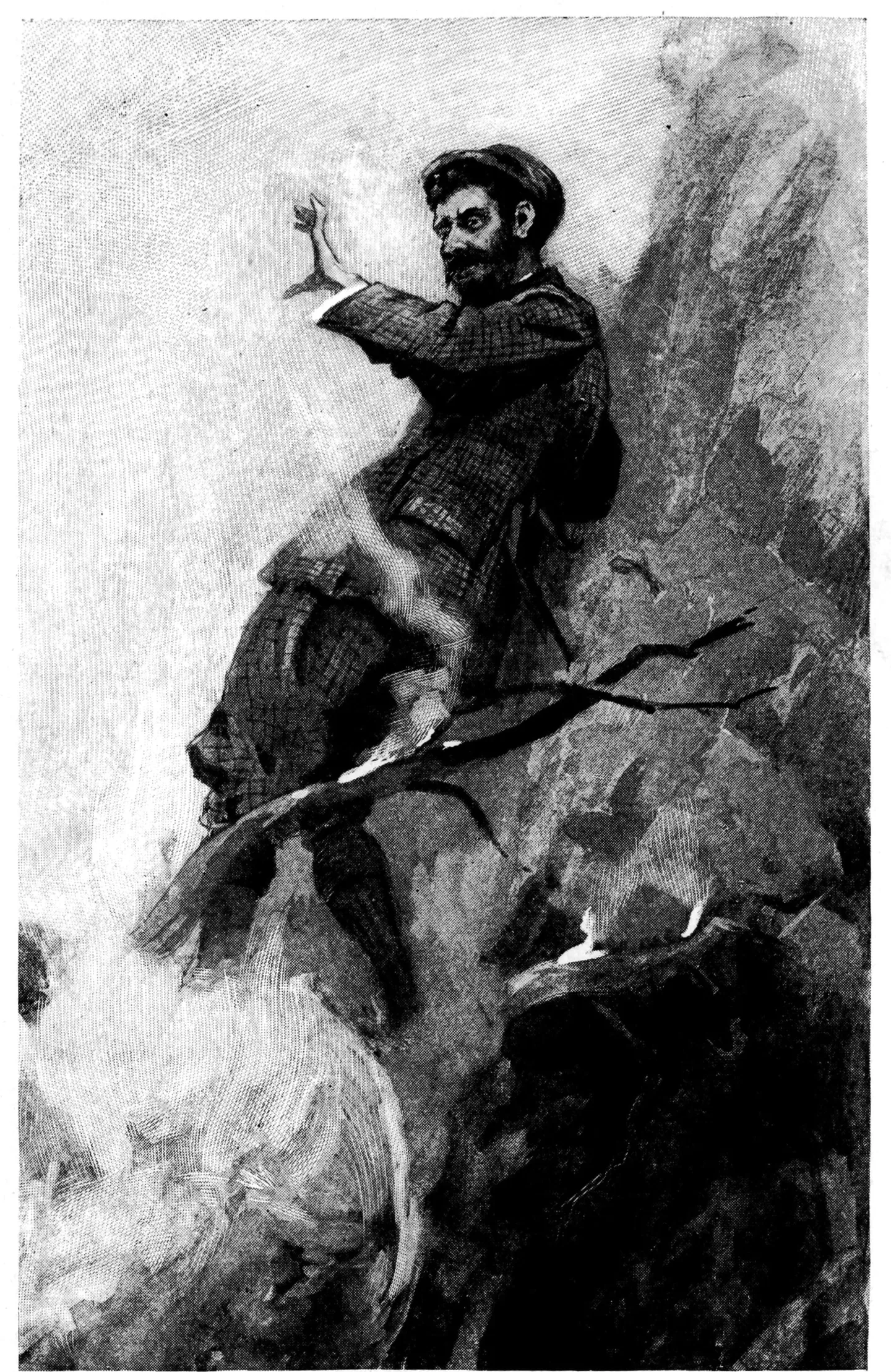 Black-and-white book illustration of a man on rocky ground with one arm raised.