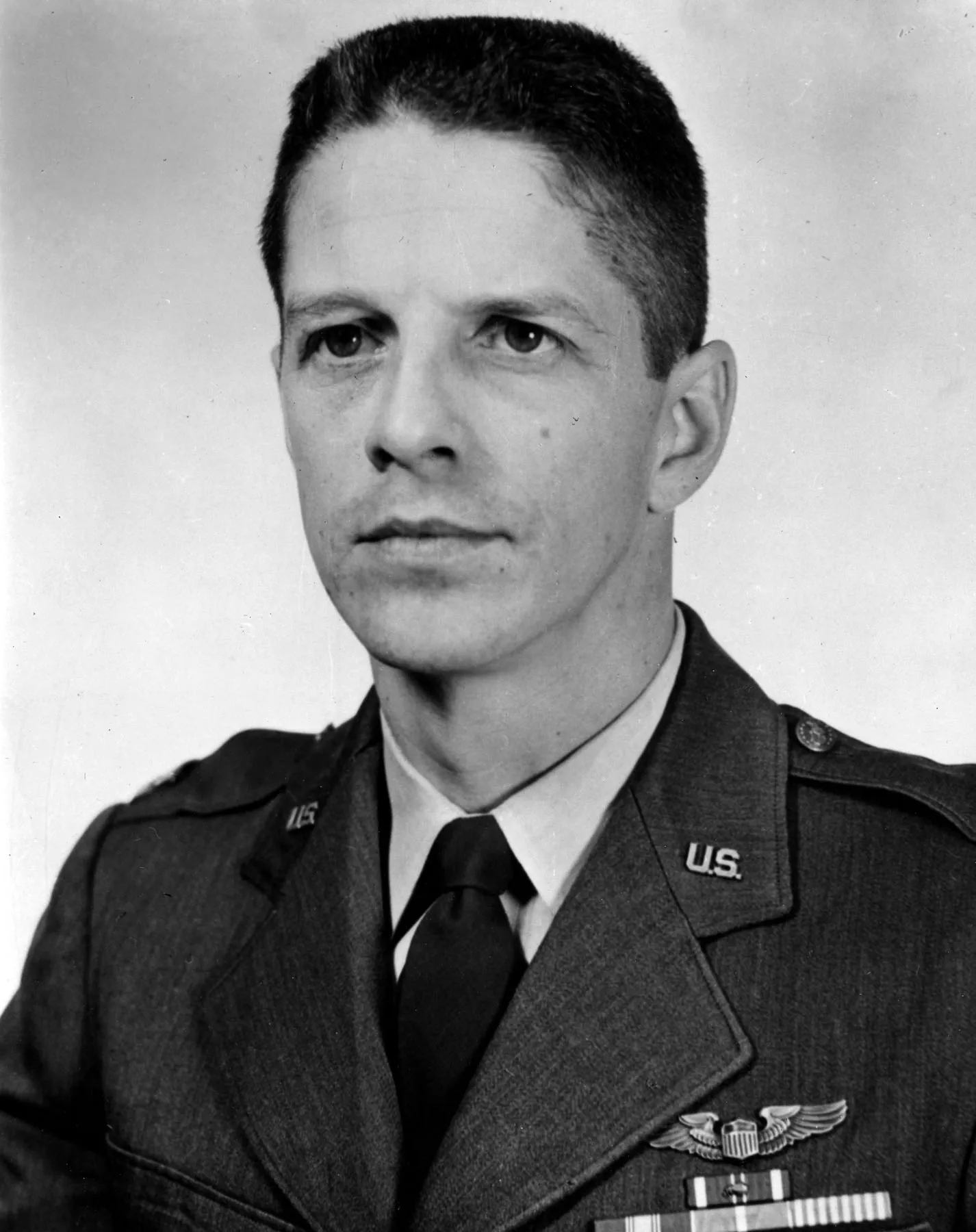 Undated black-and-white service portrait of U.S. Air Force Major Rudolf Anderson Jr. wearing his uniform and pilot wings.