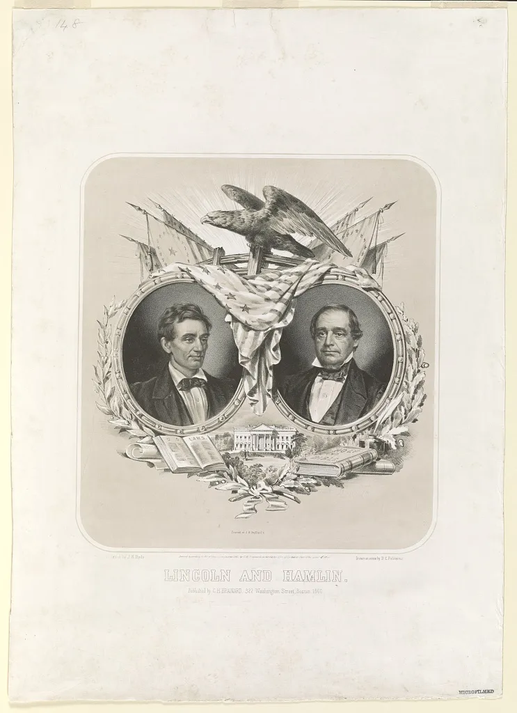 Oval portraits of Lincoln and Hamlin beneath an eagle, flags and a rail fence.