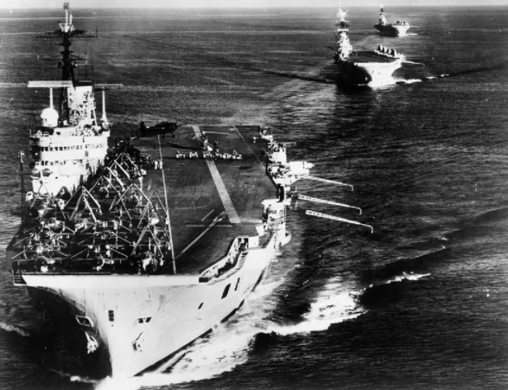 British aircraft carriers Eagle, Bulwark and Albion at sea.