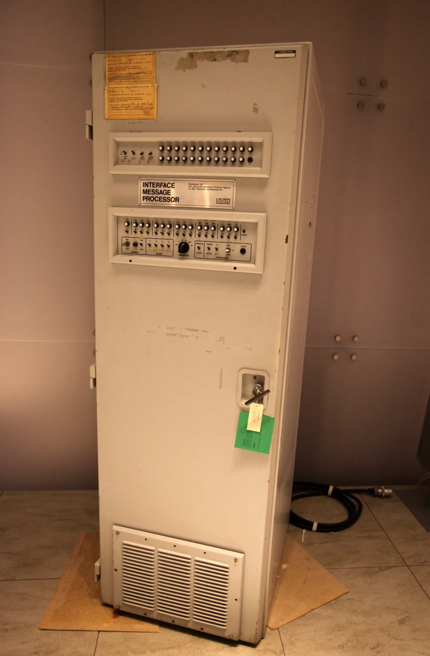 Tall Interface Message Processor cabinet preserved at the Computer History Museum.