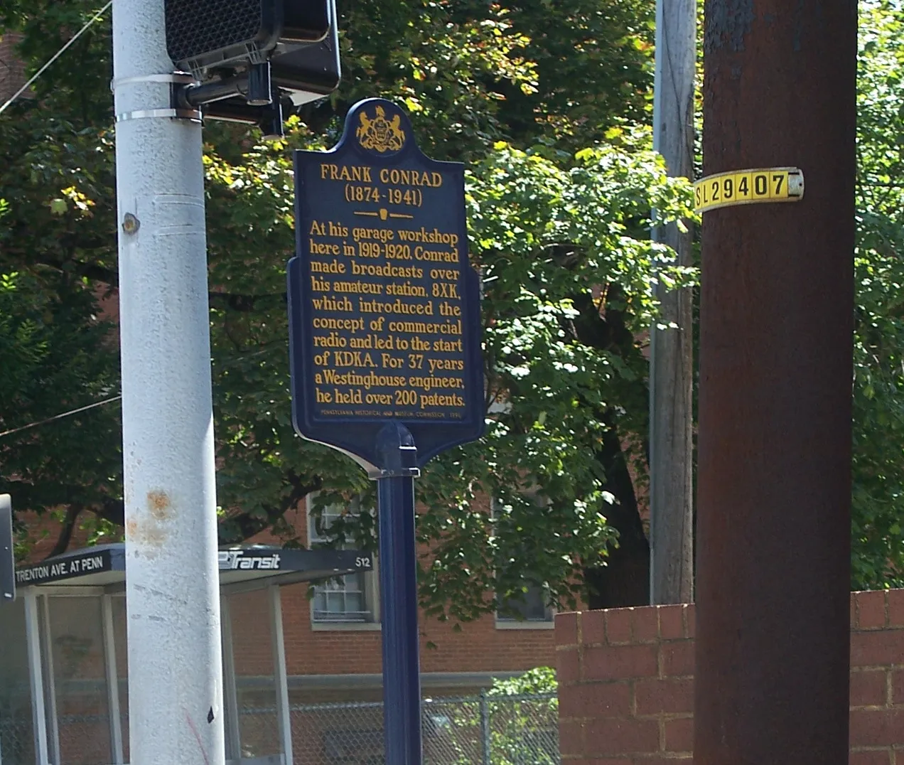 Historical marker identifying the site of Frank Conrad’s radio station.