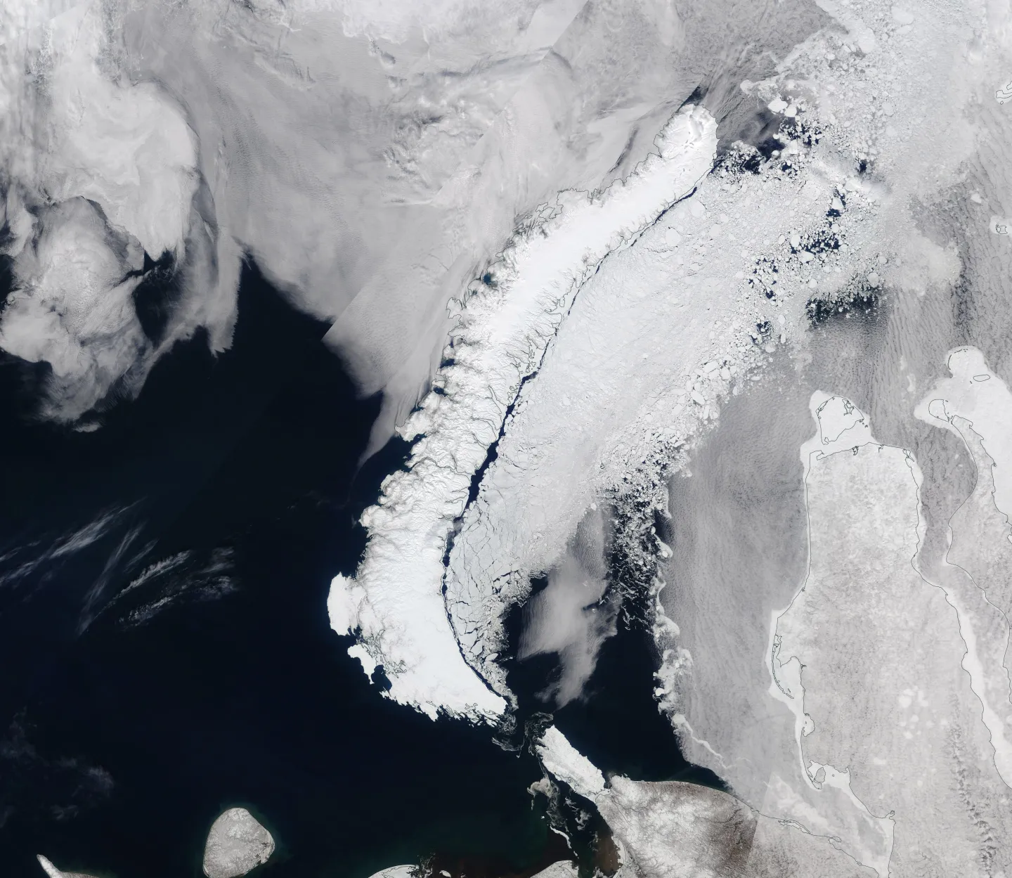 Satellite image of the ice-covered Novaya Zemlya archipelago and surrounding seas