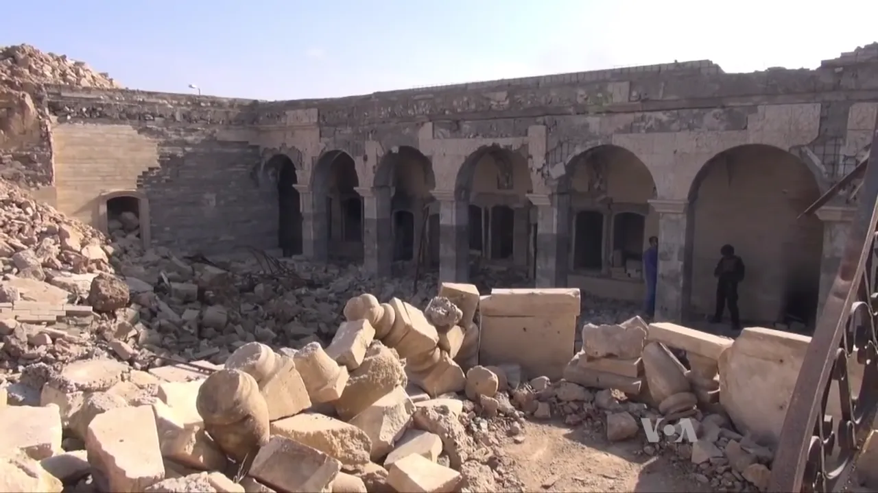 Broken stonework and surviving arches at the ruins of the Nabi Yunus mosque in Mosul in January 2017.
