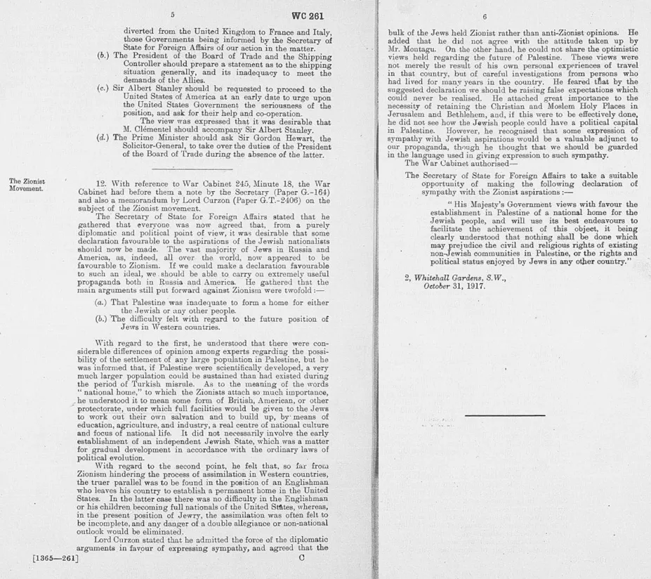 Cabinet minutes approving release of the Balfour Declaration.