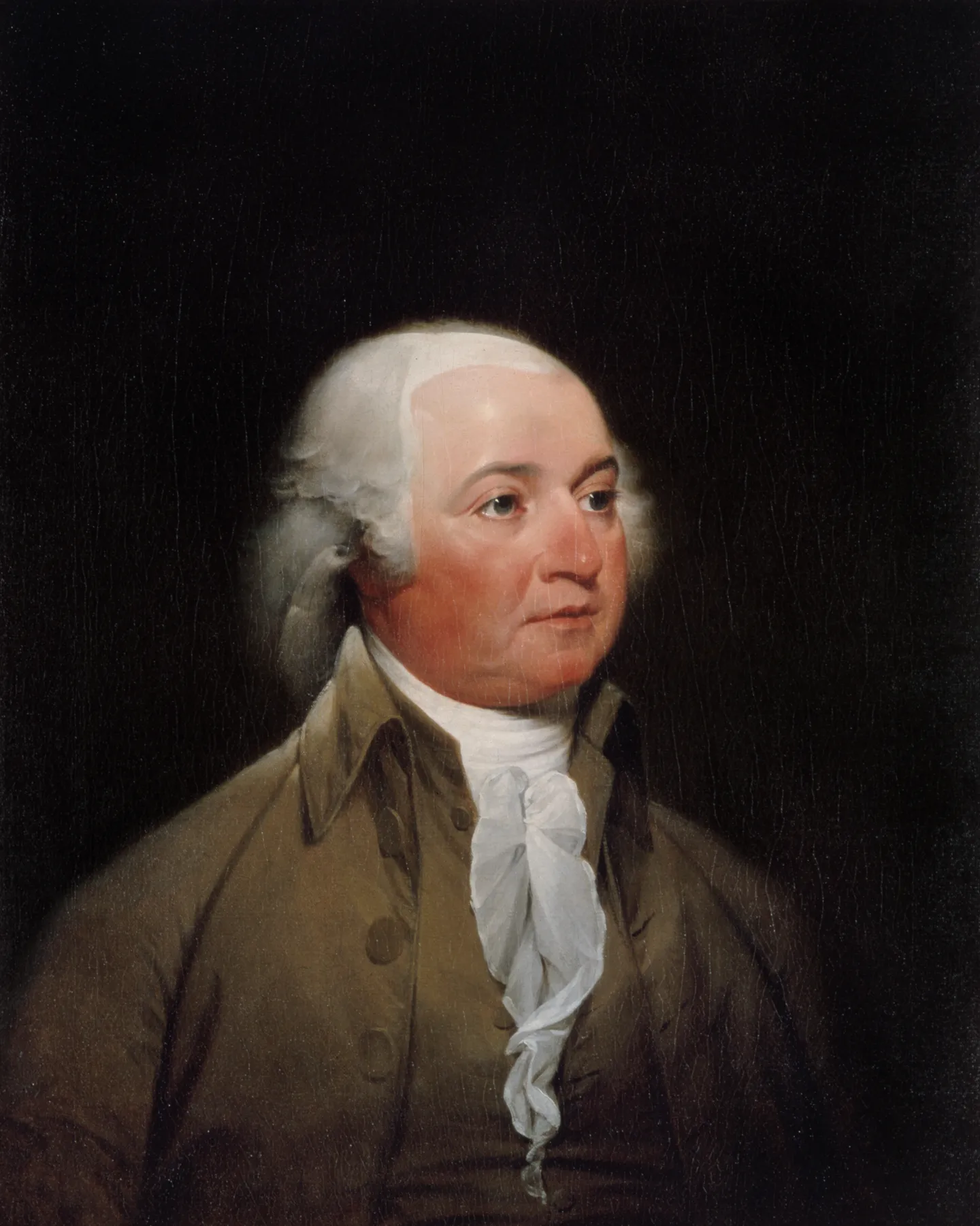 Oil portrait of John Adams by John Trumbull, wearing a dark coat