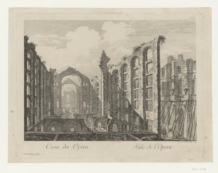 Engraving of the ruined Lisbon opera house with broken walls and small human figures.