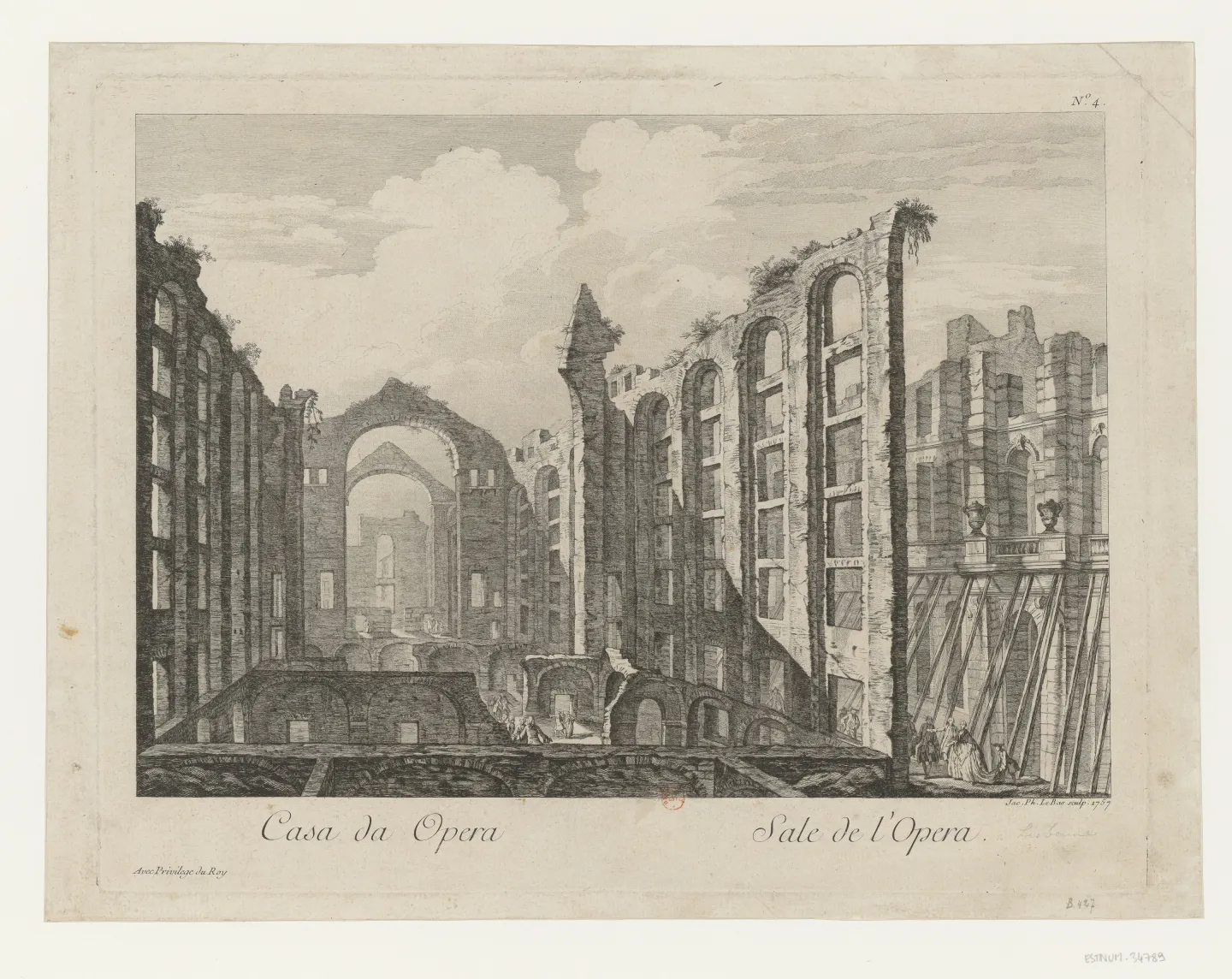 Engraving of the ruined Lisbon opera house with broken walls and small human figures.