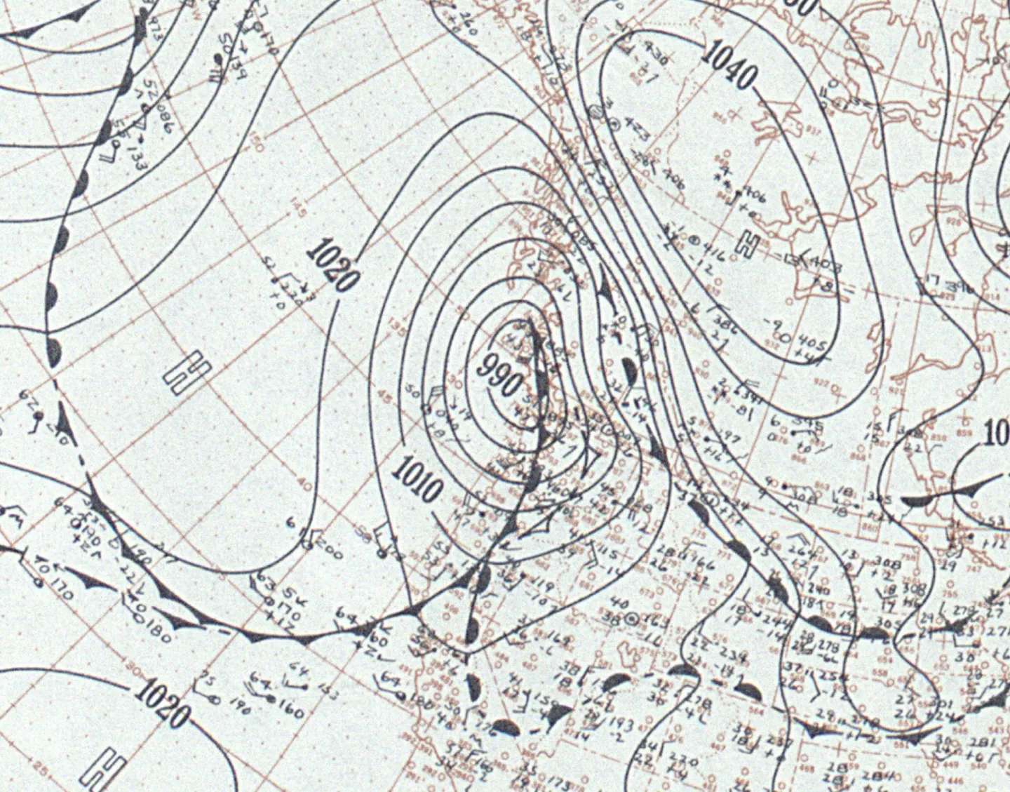 A historical weather chart shows pressure contours and observations across the Pacific Northwest.