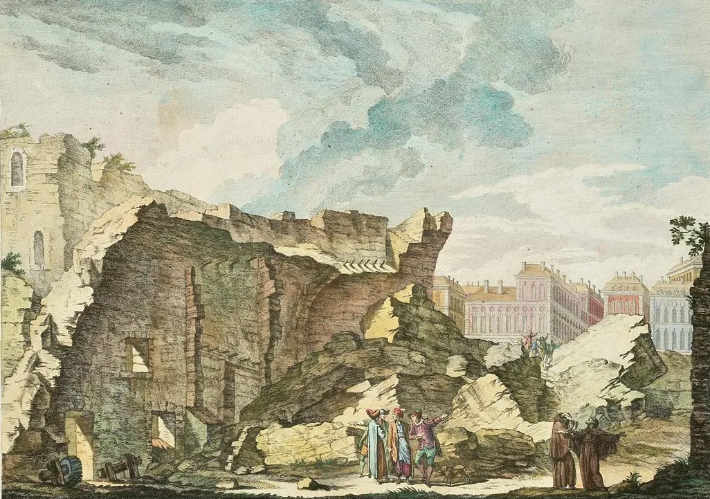 Historical print of the ruined Tower of Saint Roch, or Patriarch’s Tower, in Lisbon.