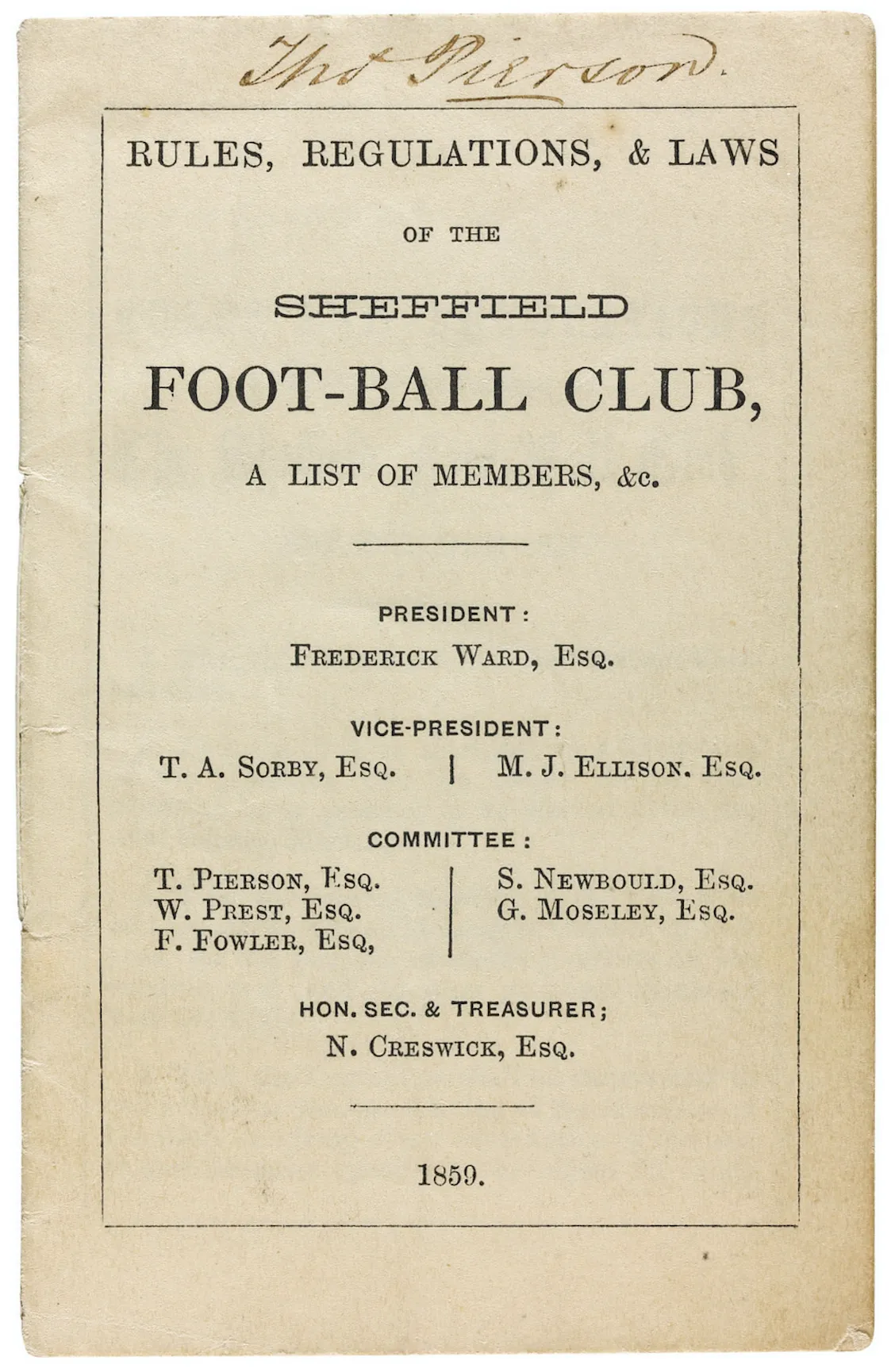 Front page of Rules Regulations and Laws of the Sheffield Football Club printed in 1859