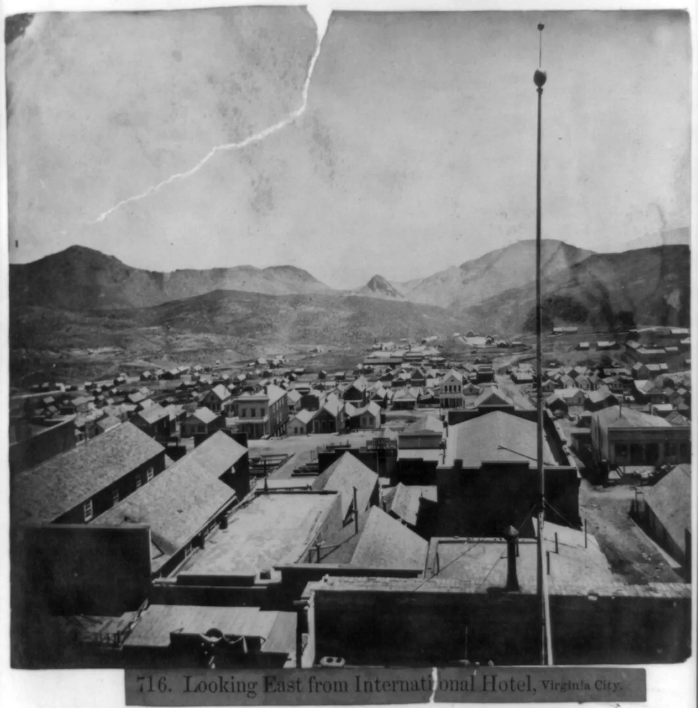 Rooftops and surrounding hills seen eastward from Virginia City’s International Hotel.