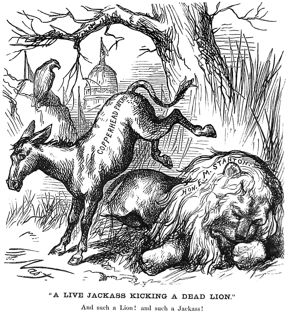 A donkey labeled Copperhead Papers kicks a fallen lion labeled for Edwin Stanton.