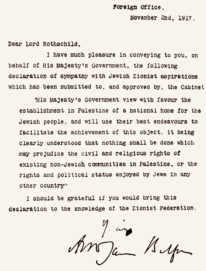 Balfour’s typed letter to Lord Rothschild, dated November 2, 1917.