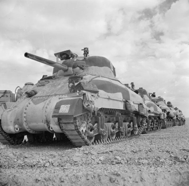 A line of British Army M4 Sherman tanks at the El Alamein front on October 24, 1942