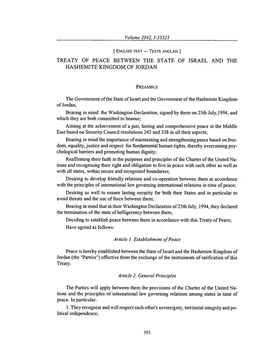 First page of the English text of the Israel–Jordan Peace Treaty of October 26, 1994.