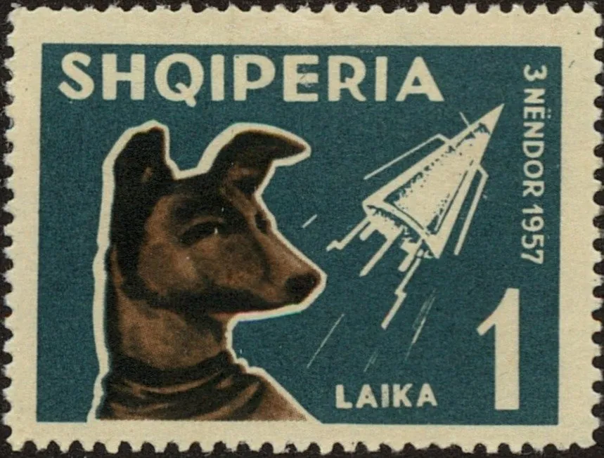 Albanian commemorative stamp combining Laika with Sputnik 2.