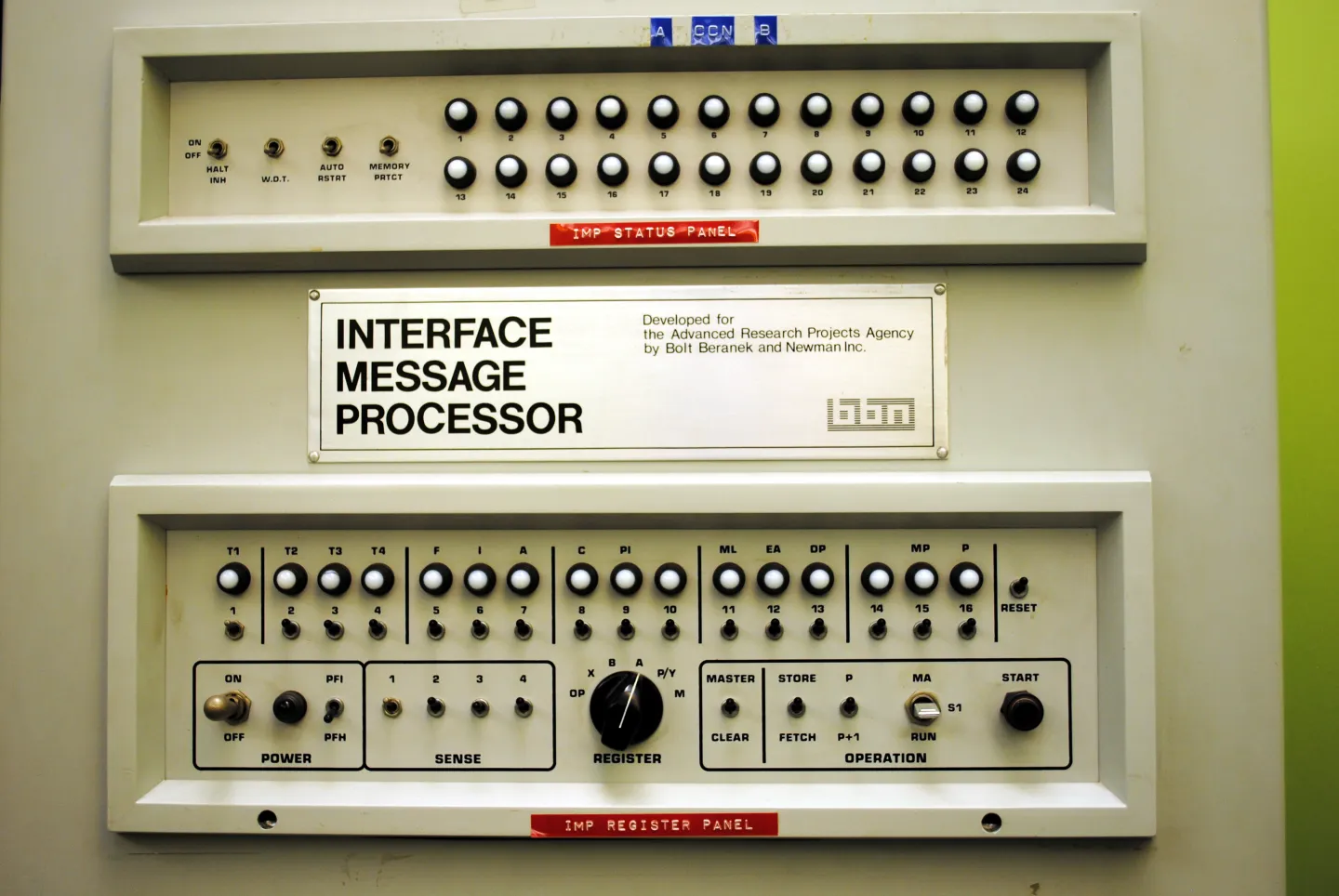 Control panel and identifying plate of UCLA’s original Interface Message Processor.