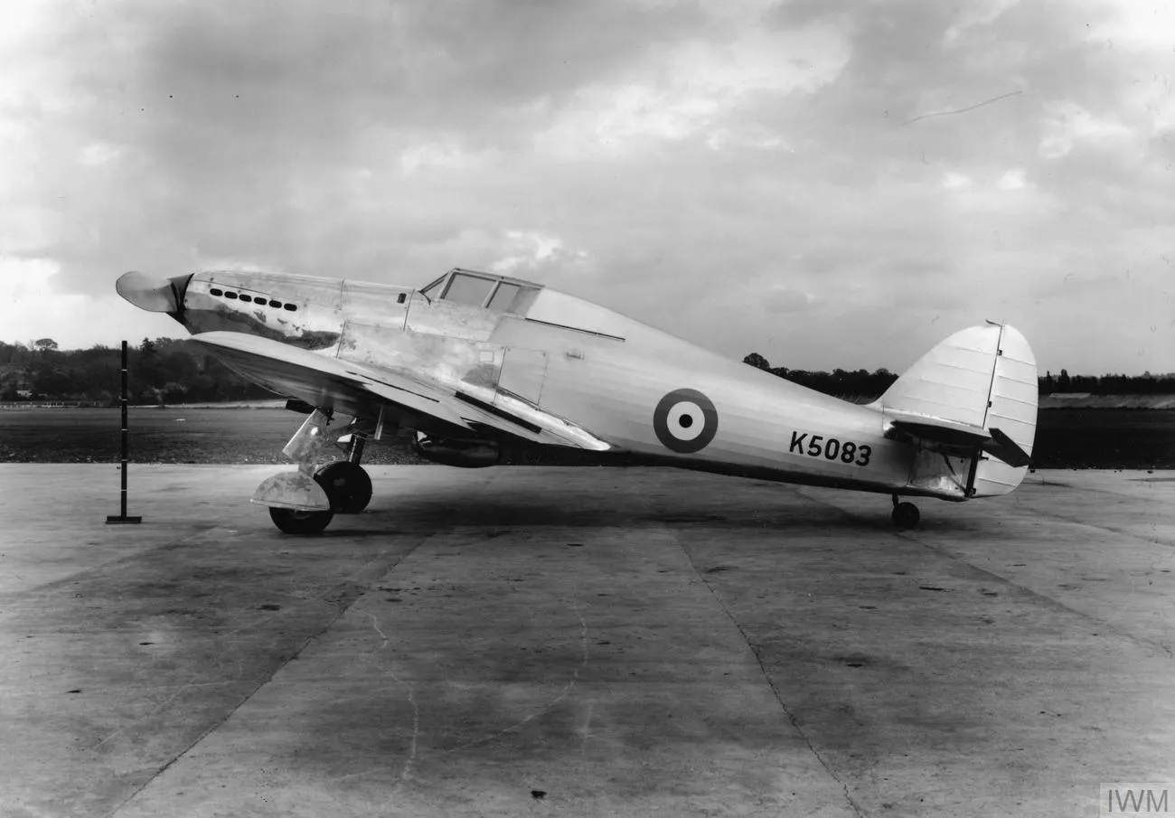 Prototype Hurricane K5083 on the ground, viewed from its left side.