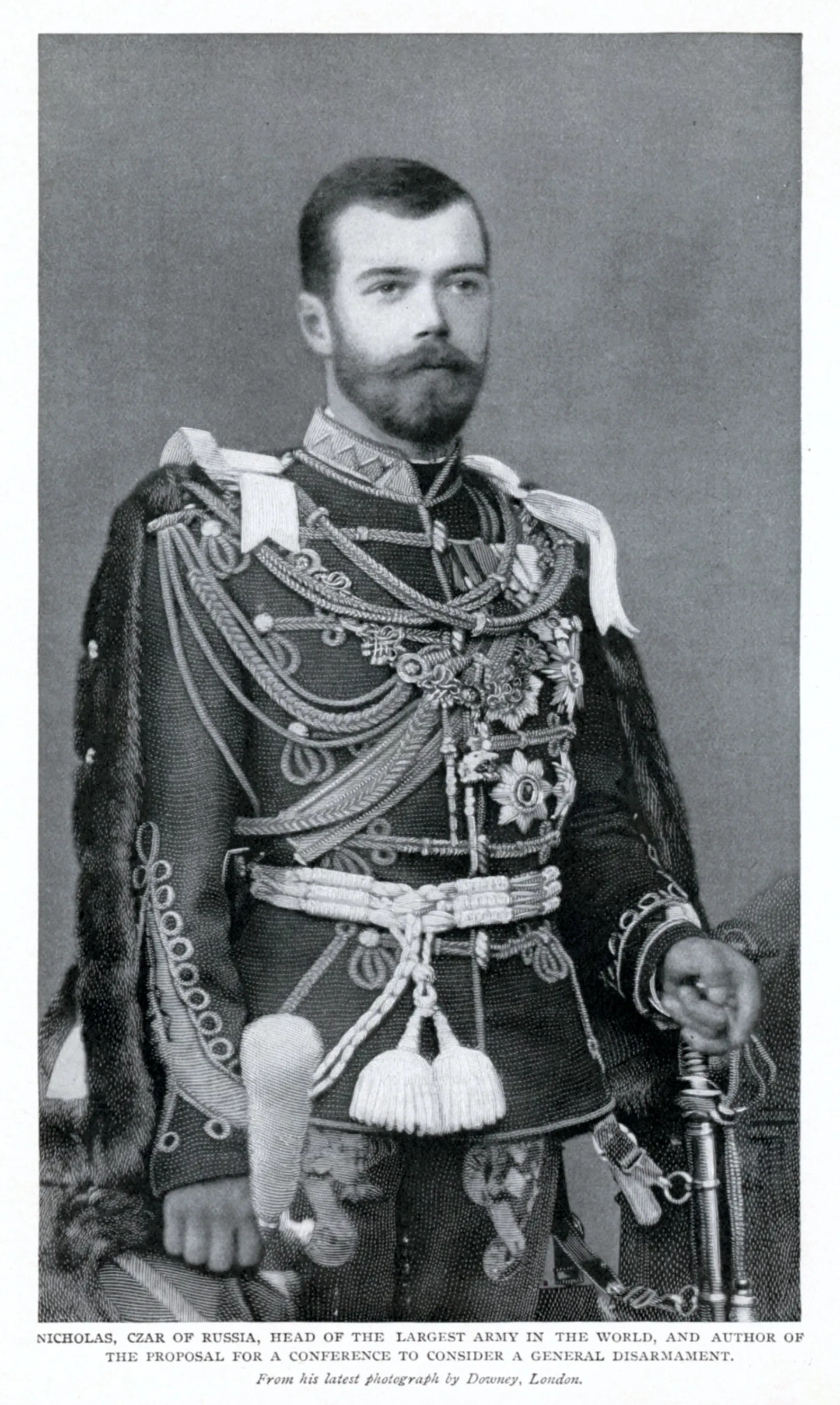 Printed portrait of Nicholas II in a decorated military uniform.