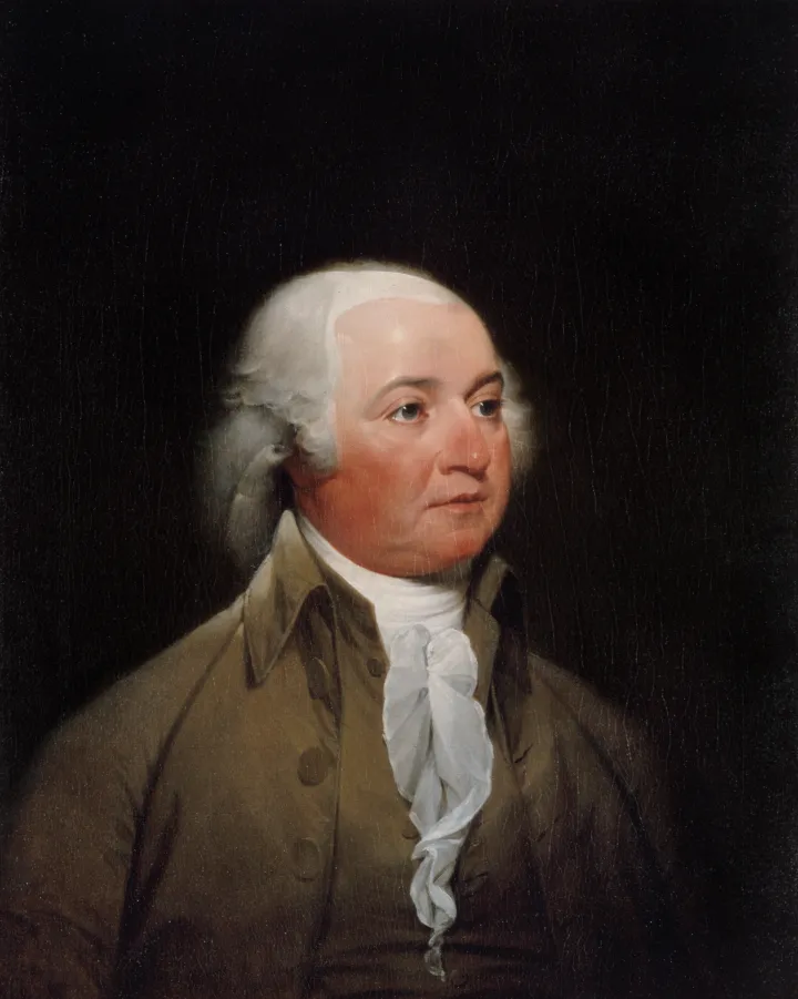 Oil portrait of John Adams by John Trumbull, wearing a dark coat