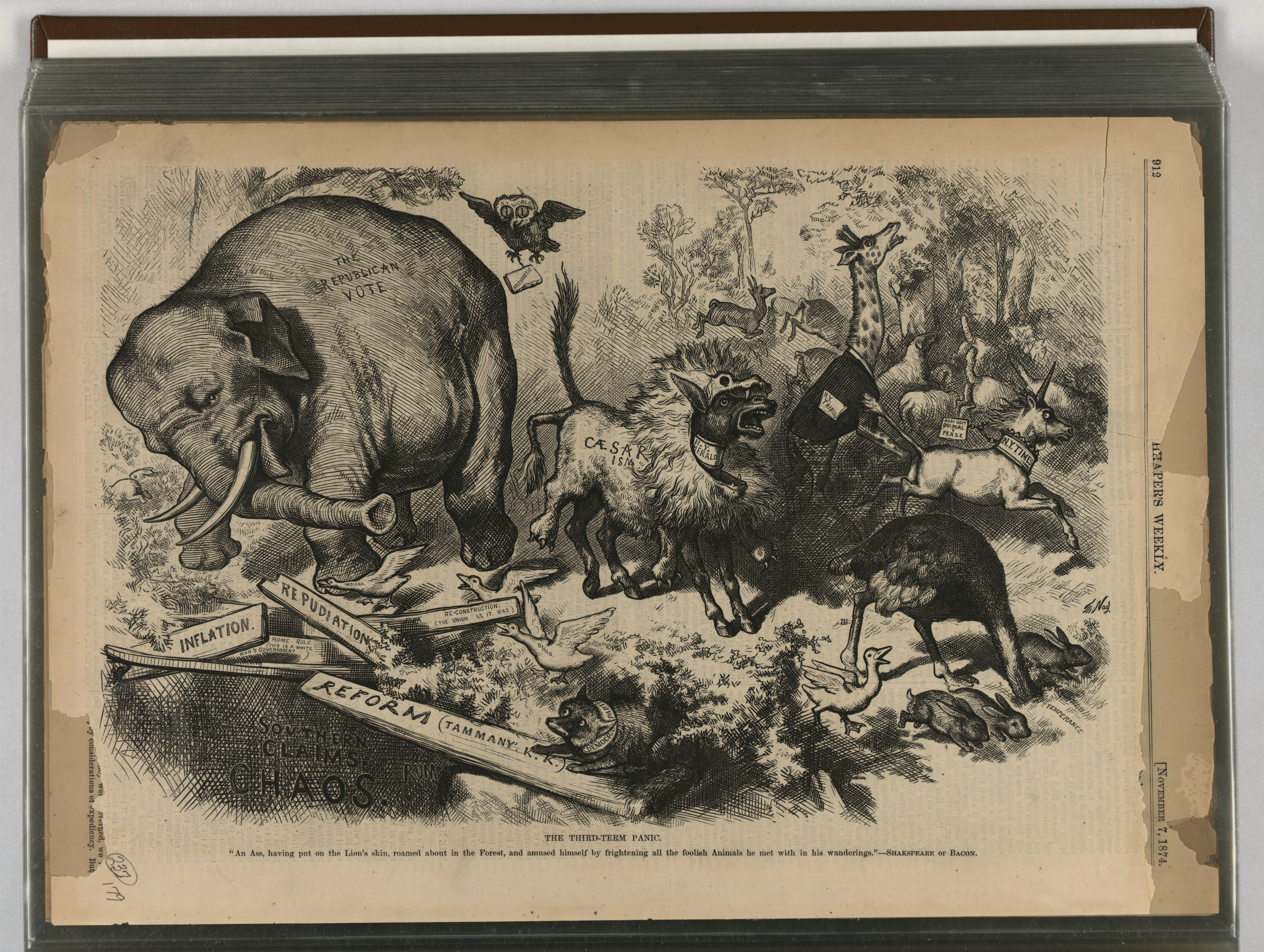 A wood engraving shows a frightened elephant beside broken planks while a donkey in a lion skin alarms other animals.