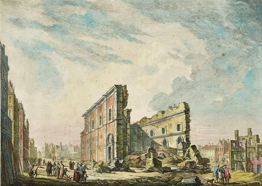 Colored historical print of Saint Paul’s Church in ruins after the Lisbon earthquake.