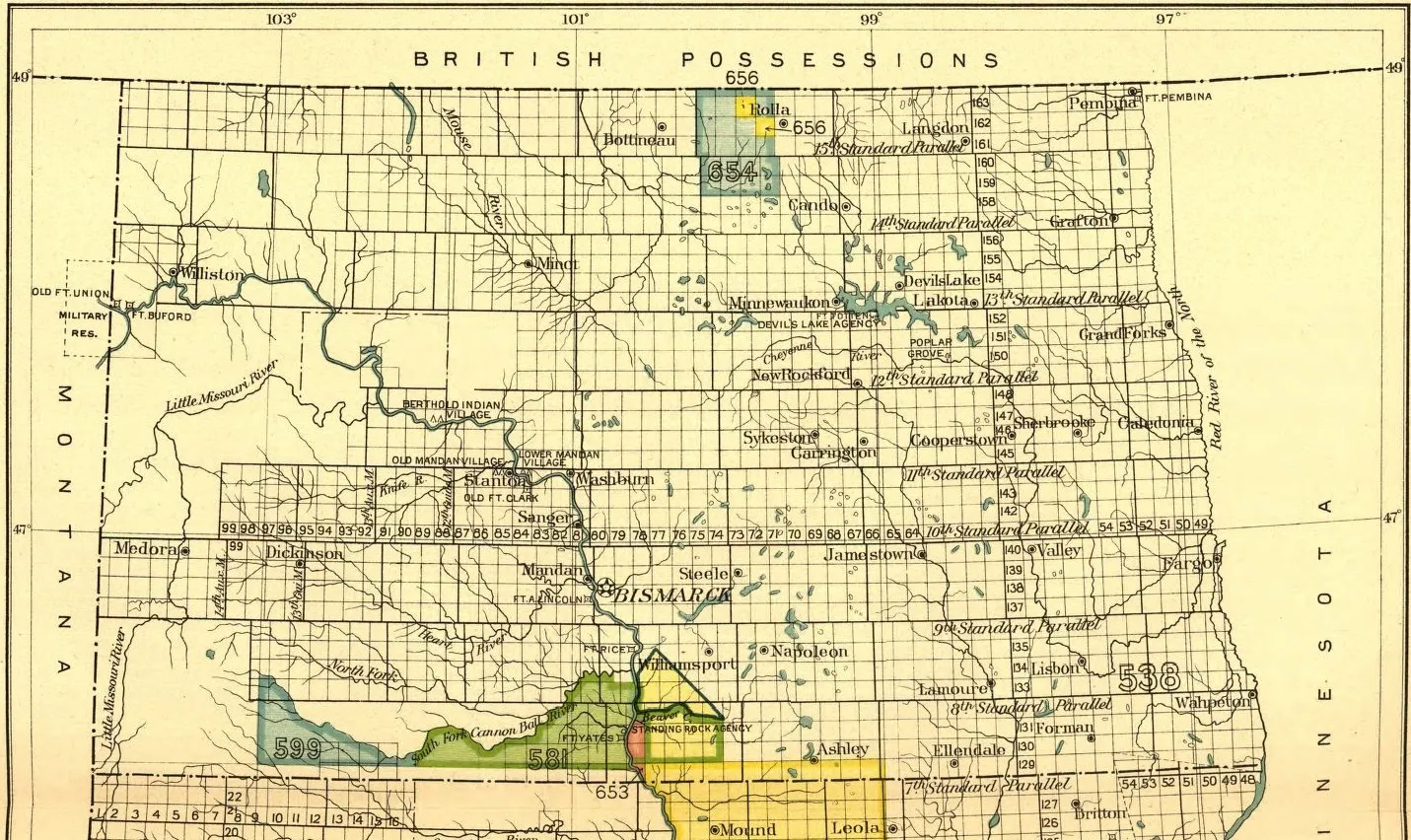Federal historical map of Indigenous territories and cessions in North Dakota.