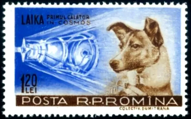 Romanian postage stamp depicting Laika and the Sputnik mission.
