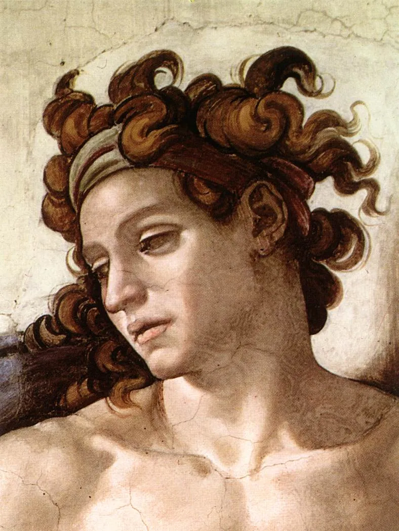 A face at the edge of the story on Michelangelo’s Sistine Chapel ceiling.