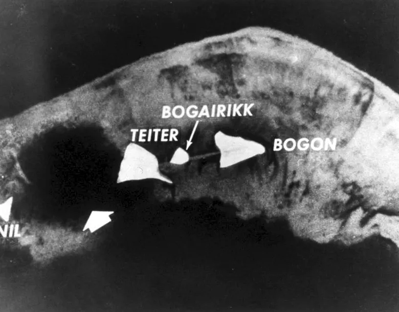 Aerial photograph showing the crater left by the destruction of Elugelab.