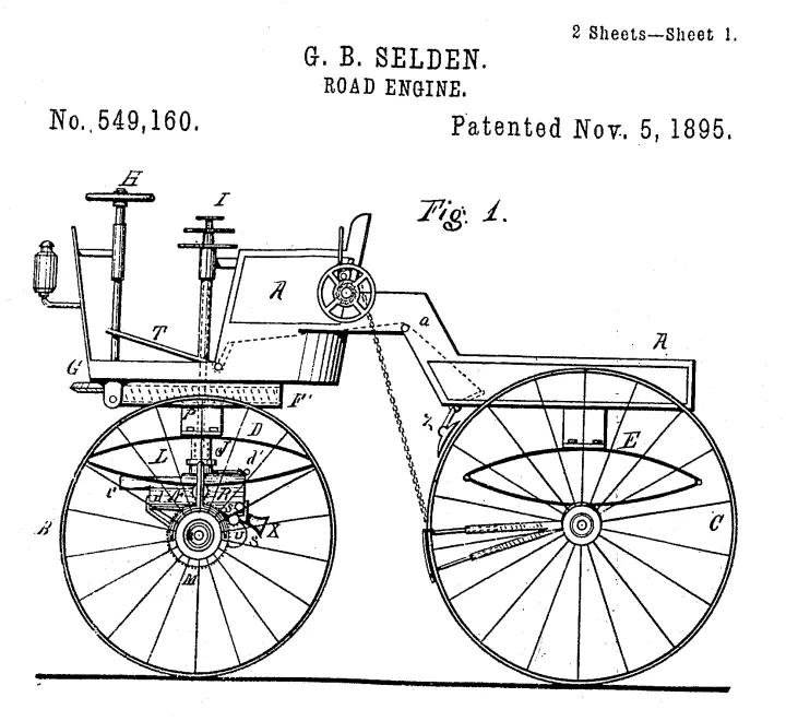 Side elevation of Selden’s road-engine with patent number and November 5, 1895 date.