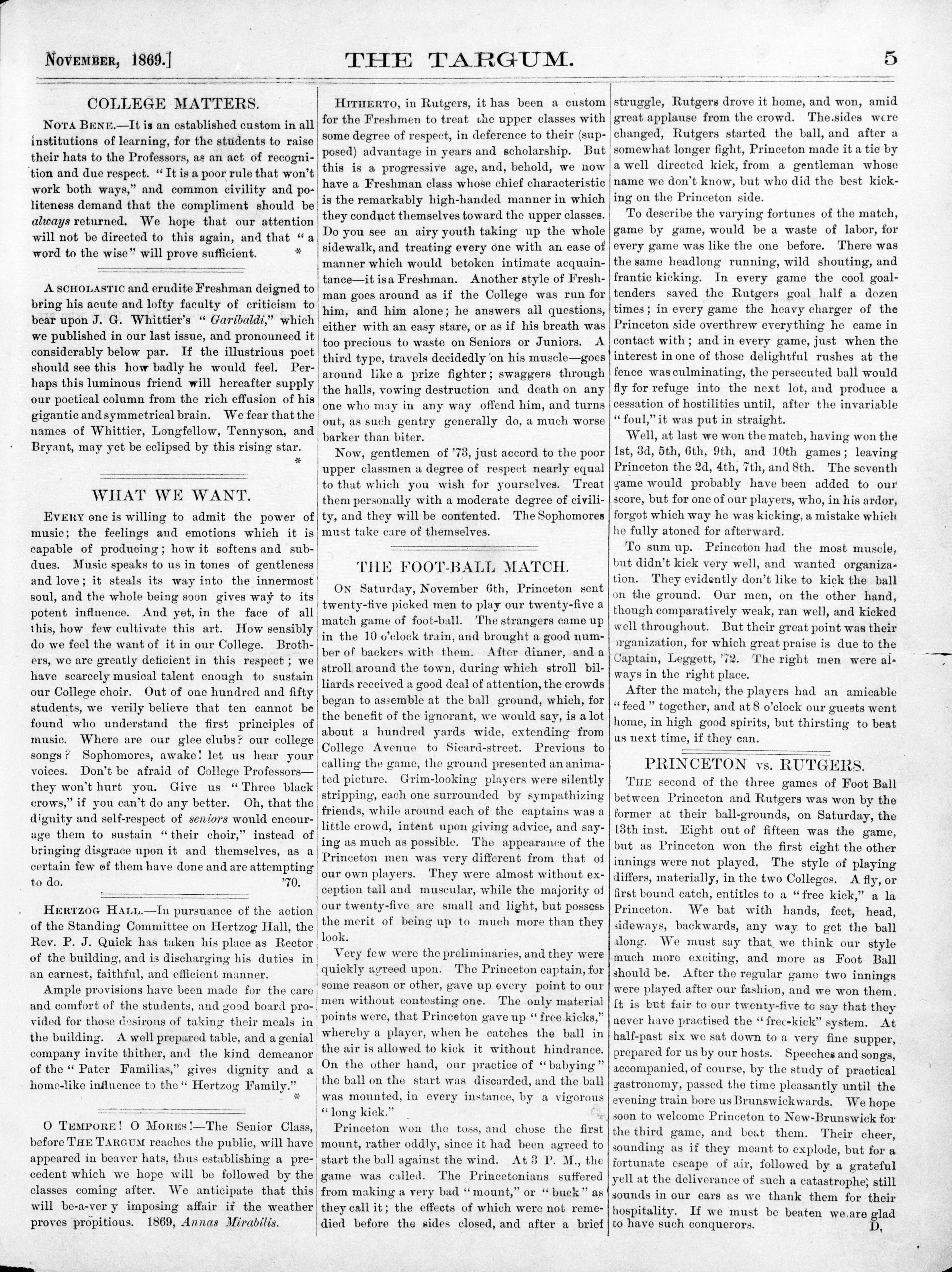 A page of the November 1869 Rutgers student newspaper, The Targum.
