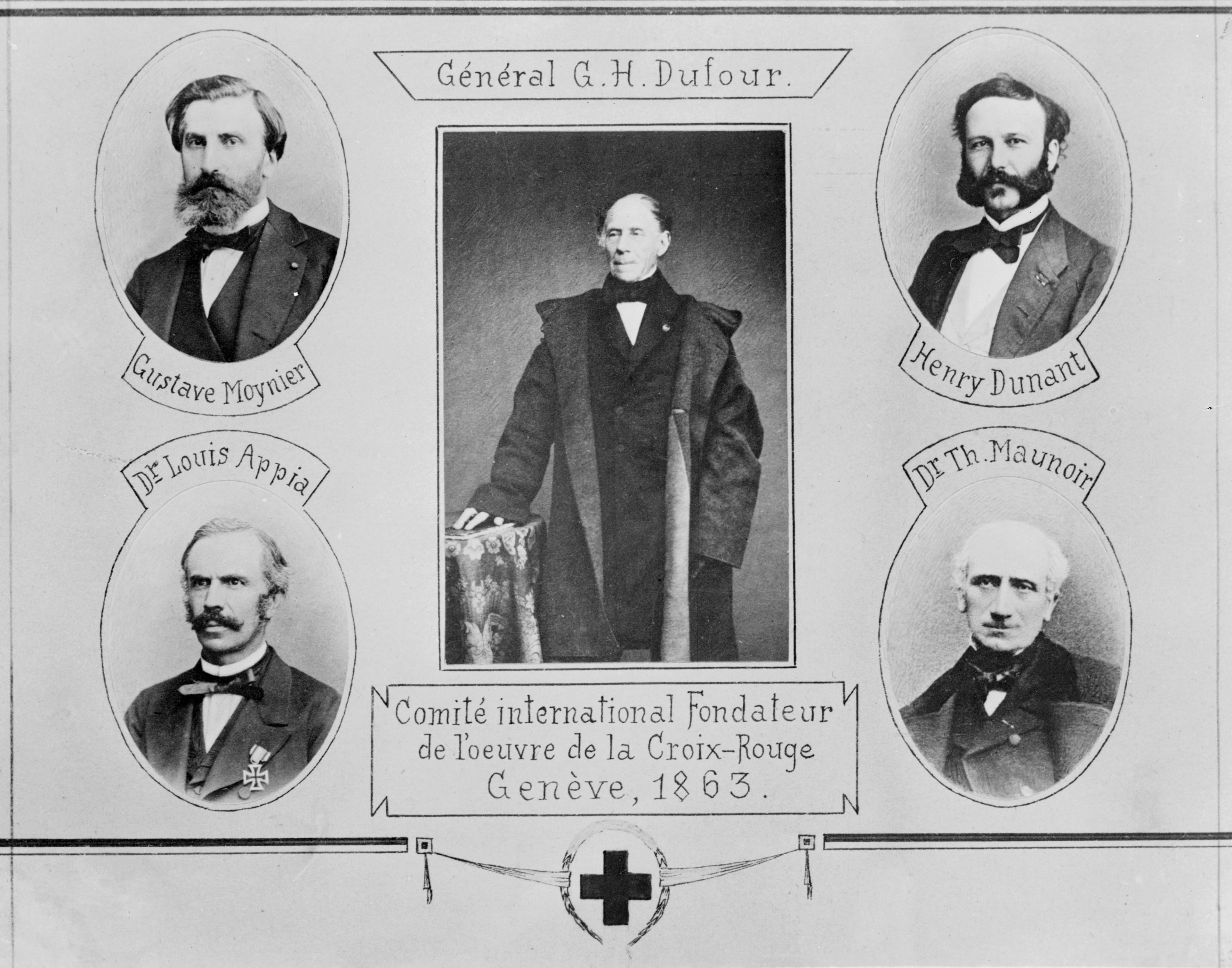 Composite portrait of the five founders of the Geneva Red Cross committee.