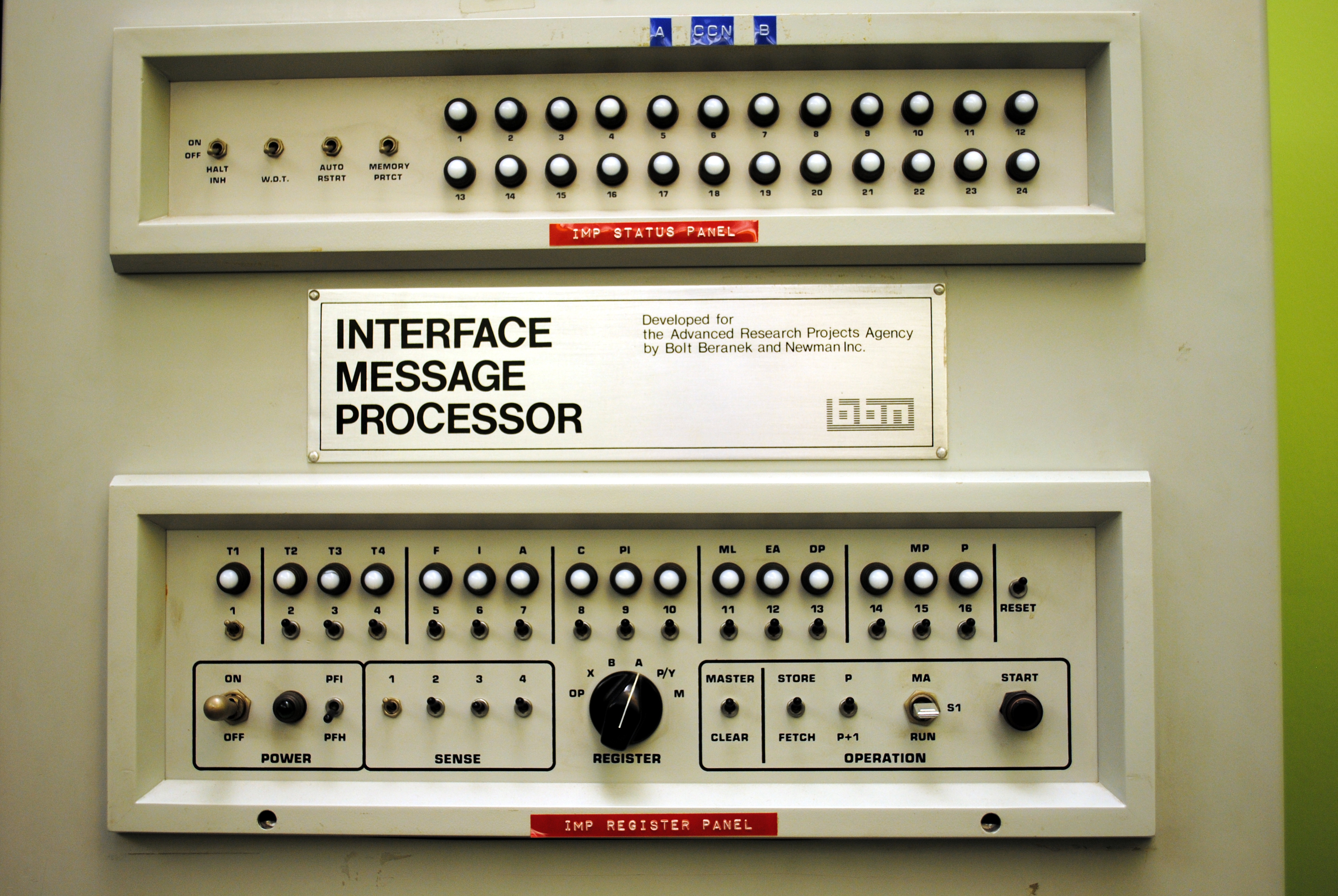 Control panel and identifying plate of UCLA’s original Interface Message Processor.