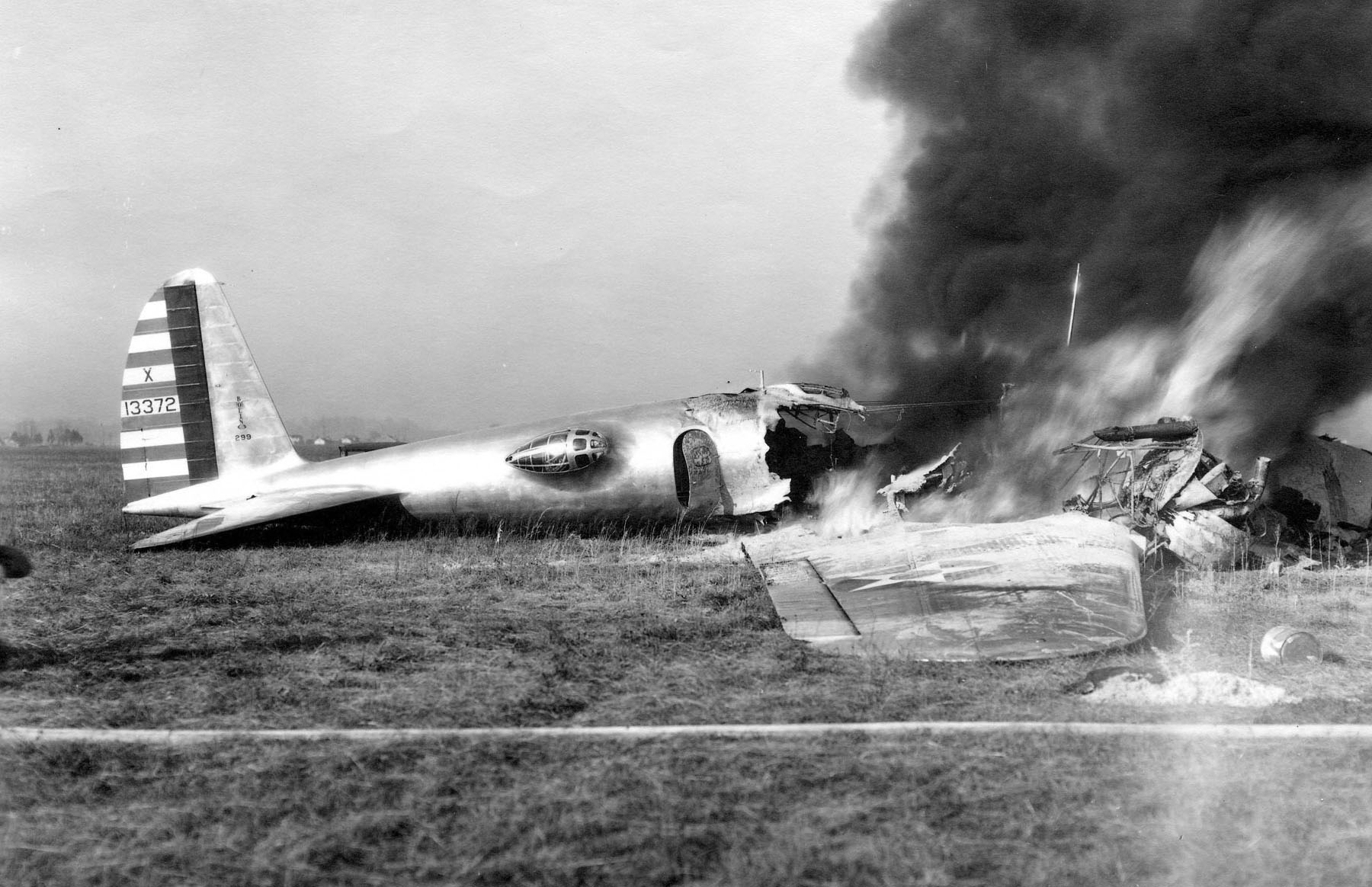 The Boeing Model 299 burns after its October 30, 1935 crash at Wright Field.