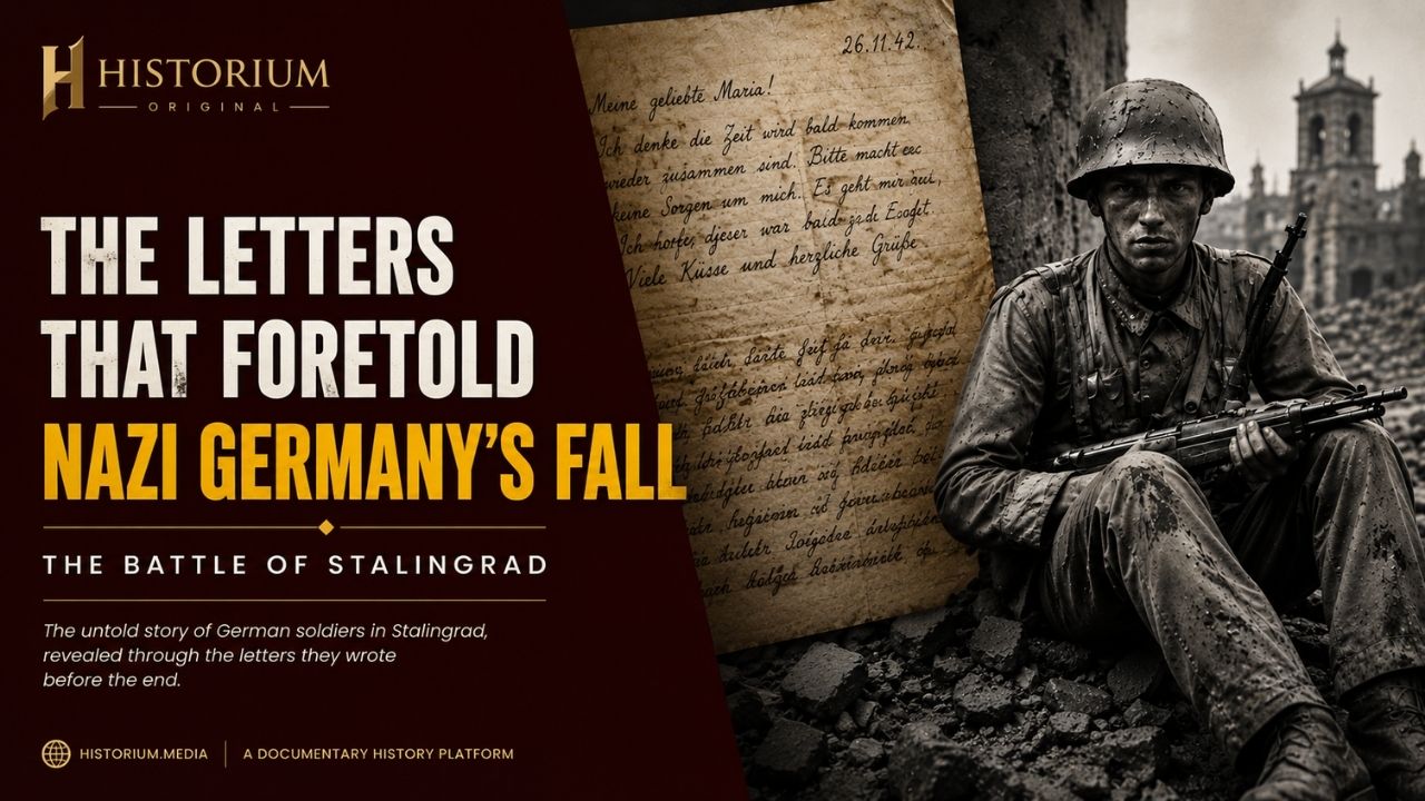 Stalingrad cover combining a seated soldier among ruins, a handwritten letter and a title about the Sixth Army.