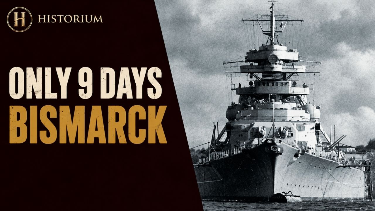 Front view of the German battleship Bismarck during World War II, featured in a historical photograph.